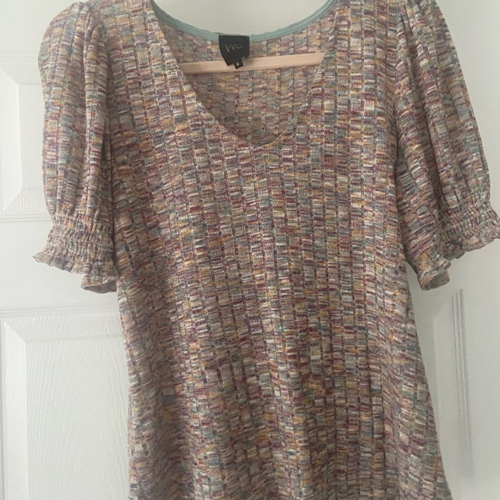 W5 Pastel Multicolor Knit Scoop Neck Puff Sleeve Top
